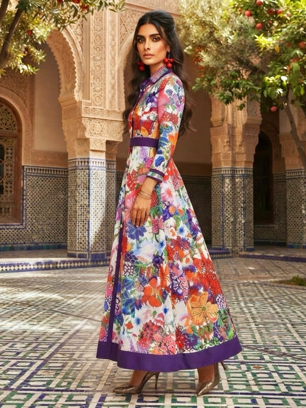 Avara Floral Long-Sleeve Maxi Dress in Pink and Purple size Medium - Picture 3 of 12